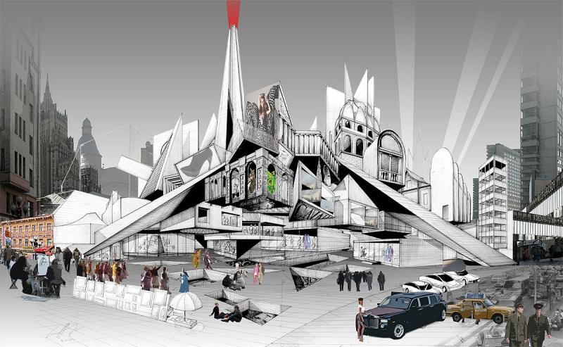 The view of the project from Arbat Square in a 180-degree perspectival drawing.